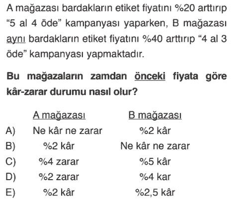 TYT problemler PDF testi, kar zarar problemleri sorusu